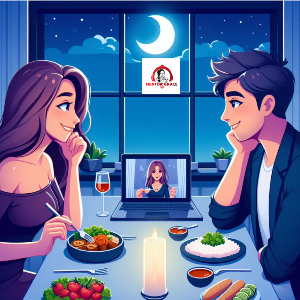 A couple on a virtual dinner date sharing precious moment using technology